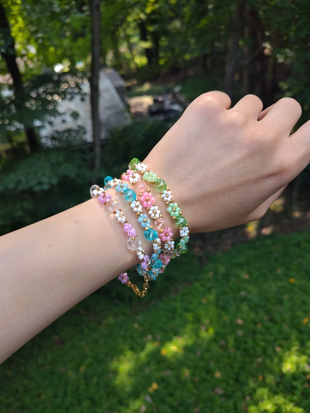 Handcrafted Beaded Flower Bracelets - Pink, Green, Blue, Lavender